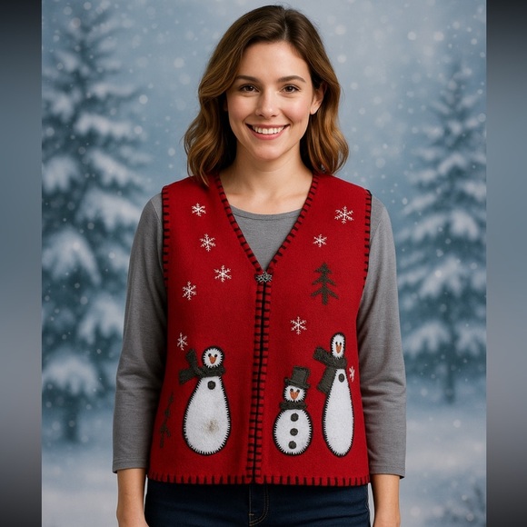 Coldwater Creek Women’s Size L 100% Wool Zip Christmas Snowman Sweater Women - Picture 2 of 11